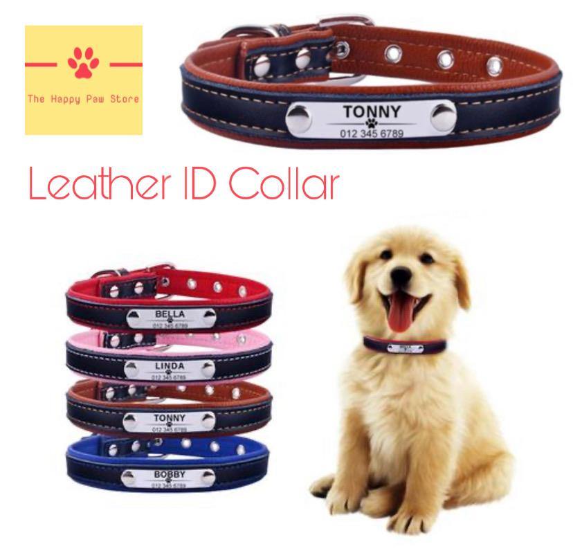 Faux Leather Dog Collar with Custom Engraved ID Tag